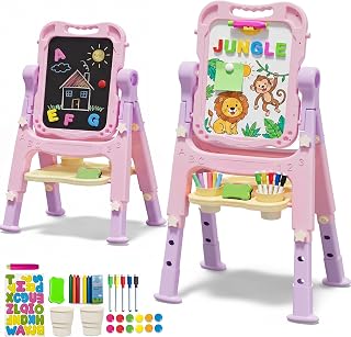 KiddoCood 3-Level Height Adjustable Toddler Art Easel for Kids, 35.2"H | CPC Certified, BPA-Free, Rotatable Magnetic Double-Sided Board with White Board & Chalkboard for Playroom & Nursery
