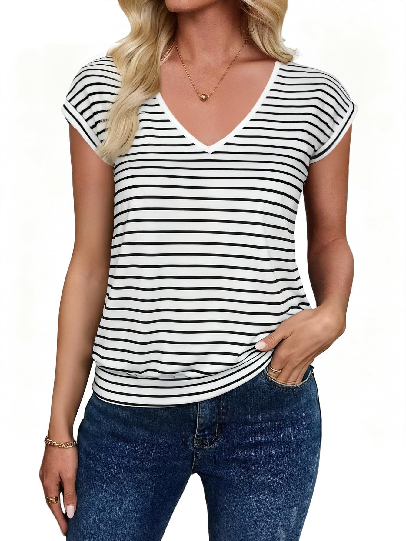 Sialois Womens Summer Tops Business Casual Cap Sleeve Shirts V Neck Banded Botto