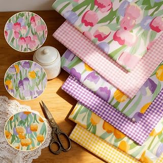 6 Pieces 16x20 Inch Twill Fabric Patchwork Fabric Tulip Floral Print Pre-Cut Patchwork Fabric for Quilting Sewing Home Decor