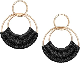 Raffia Hoop Earrings for Women Fun Boho Summer Beach Earrings Lightweight Handmade Straw Wicker Rattan Dangle Earrings Statement Geometric Round Drop Earrings