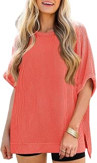 Tankaneo Women's Oversized T-Shirt Summer Casual Ribbed Short Sleeve Tunic Tops Loose Fit Dolman Sleeve Tops