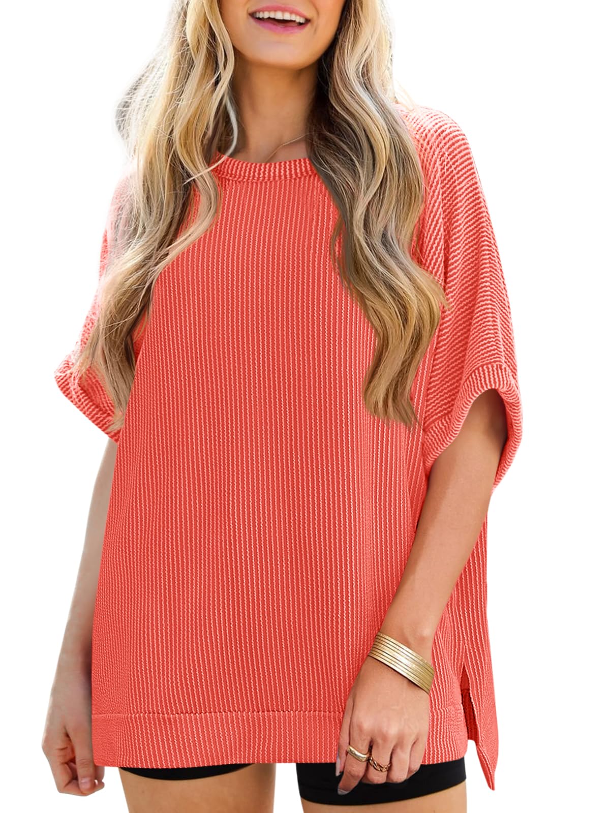 Tankaneo Women's Oversized T-Shirt Summer Casual Ribbed Short Sleeve Tunic Tops 