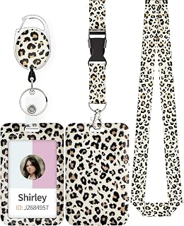Pawfly Fashionable Sliding ID Badge Holder Leopard Print Plastic Card Holder with Retractable Badge Reel Carabiner Detachable Lanyard Vertical Card Protector for Office Worker Nurse Teacher Student