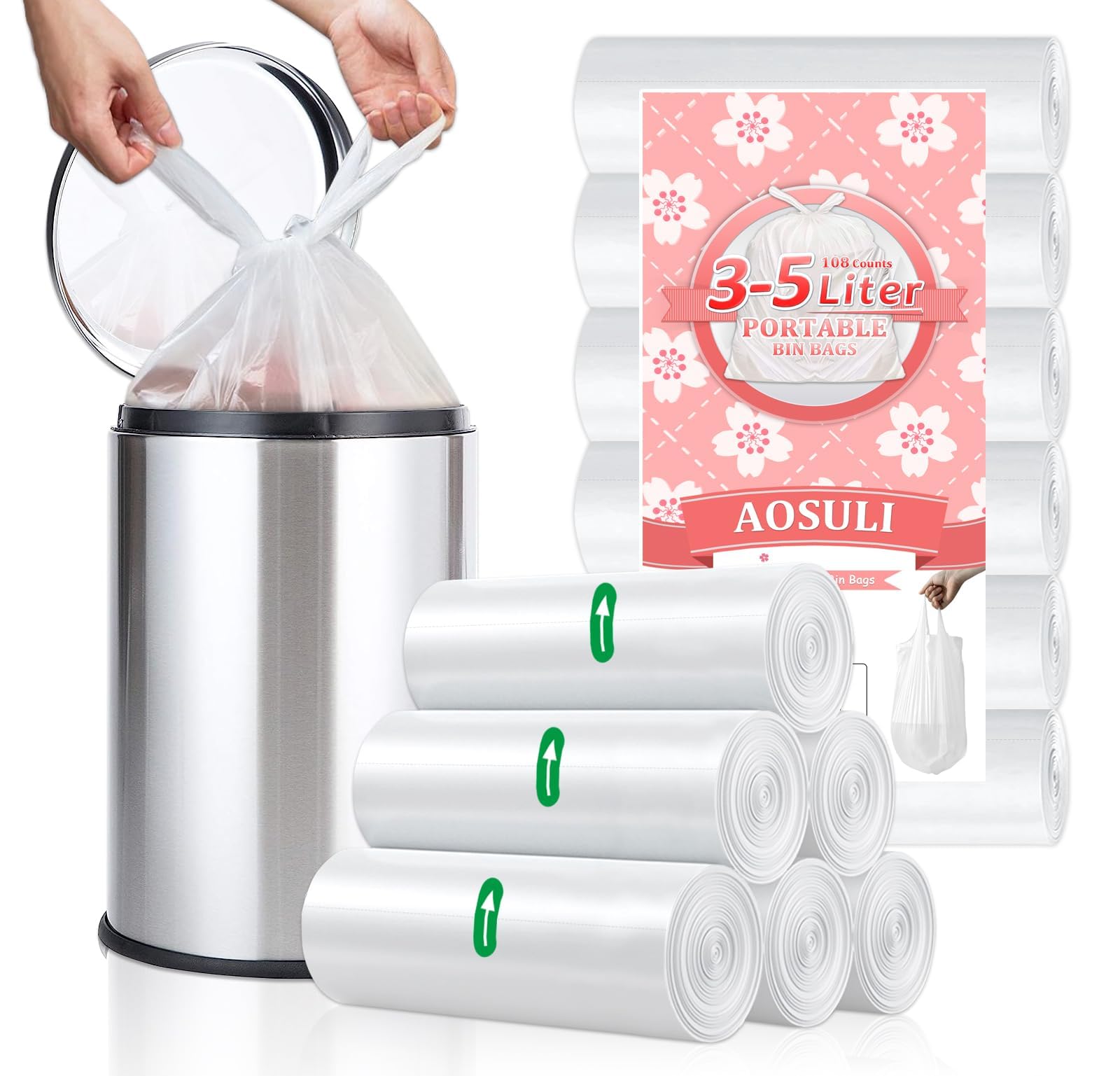 Small Bin Liners 3-5L, White Strong Bin Bags for Bathroom, 108 Count