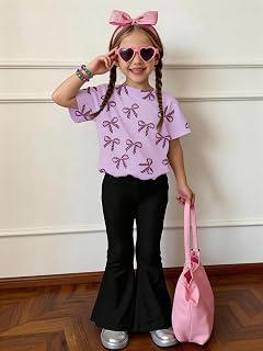 Baby Girls 2 Piece Outfits Short Sleeve Bell Bottom Tops Bowknot Print Casual Summer Clothes for 4-7 Years