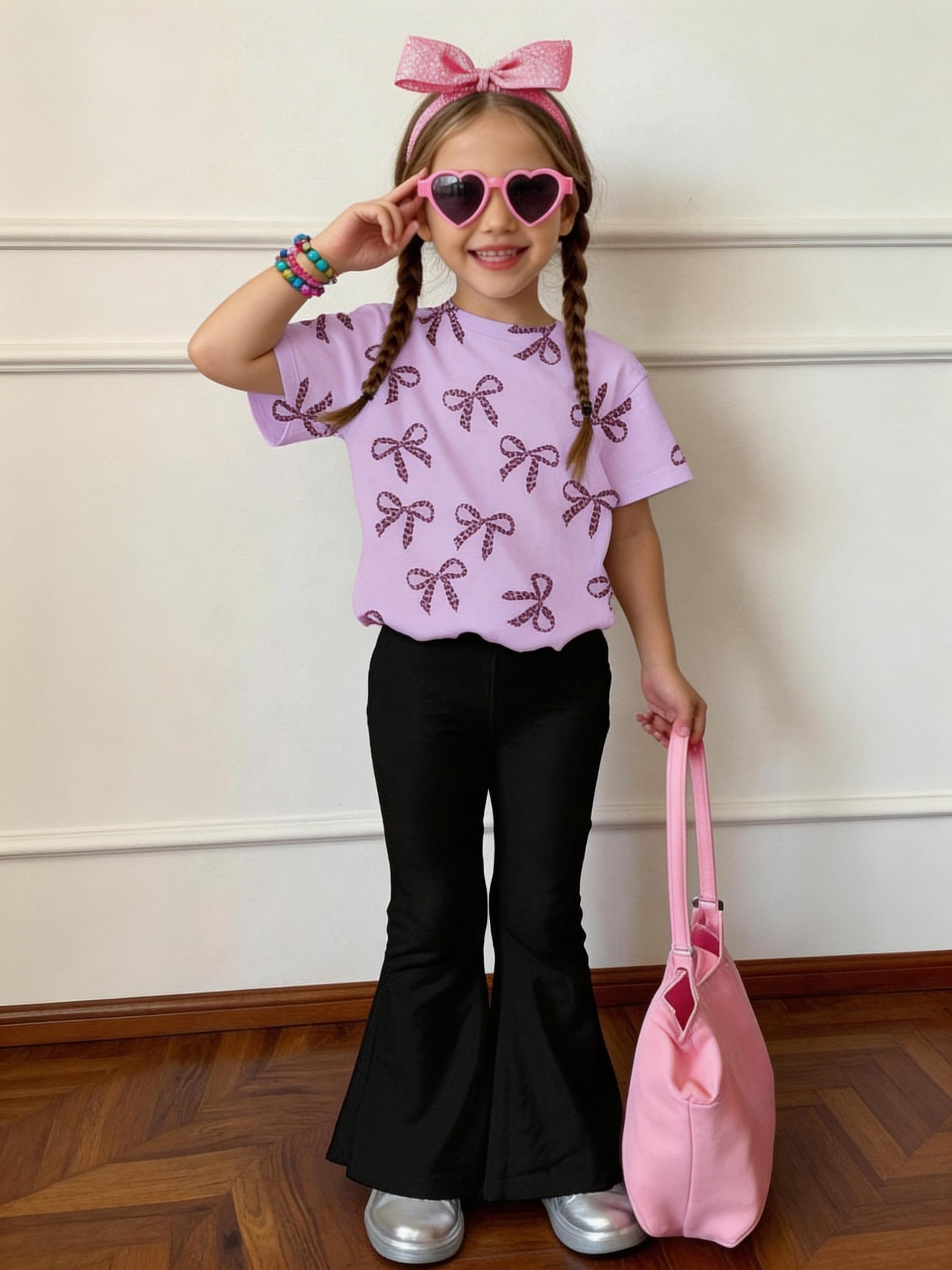 Baby Girls 2 Piece Outfits Short Sleeve Bell Bottom Tops Bowknot Print Casual Su