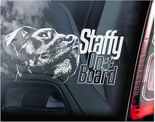 Staffy on Board Car Window Sticker, Vinyl Decal Sign, Pet Staffie Owner Gift, Beware of the Dog Warning Sign -V05WB (WHITE - Inside Reverse Print)