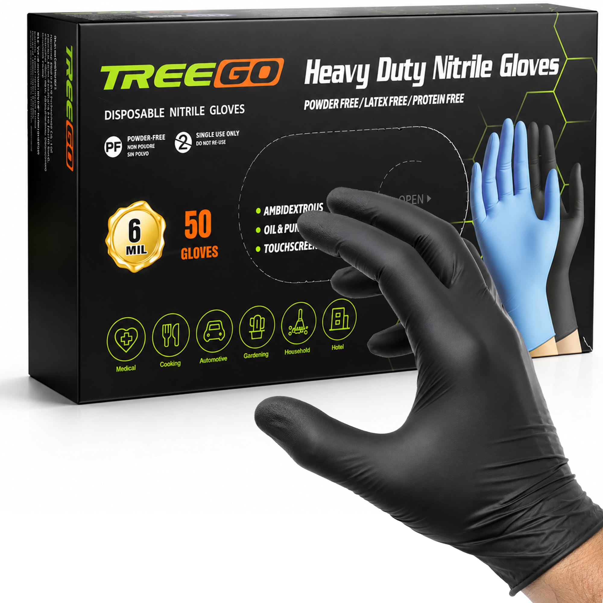 TREEGO Black Disposable Nitrile Gloves, 6 Mil, X-Large, 50 Count