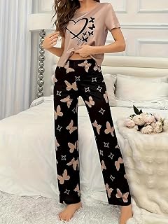 Women Button Down Long Sleeve Pajama Set 2 Piece Sleepwear Cartoon Sleepwear Soft Home Sleepwear