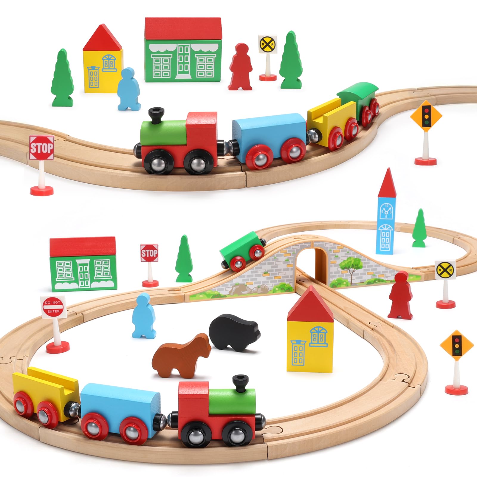 SainSmart Jr. Wooden Train Set for Toddler with Double-Side Train Tracks Fits Br