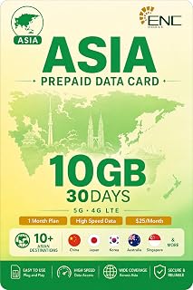 ENC Mobile Asia SIM Card: Prepaid Data Only 10GB/30Days 5G/4G LTE | Unlimited Data at Reduced Speed - 3 in 1 Travel SIM Card for Japan/China/South Korea/Australia & 10+ Asian Destinations