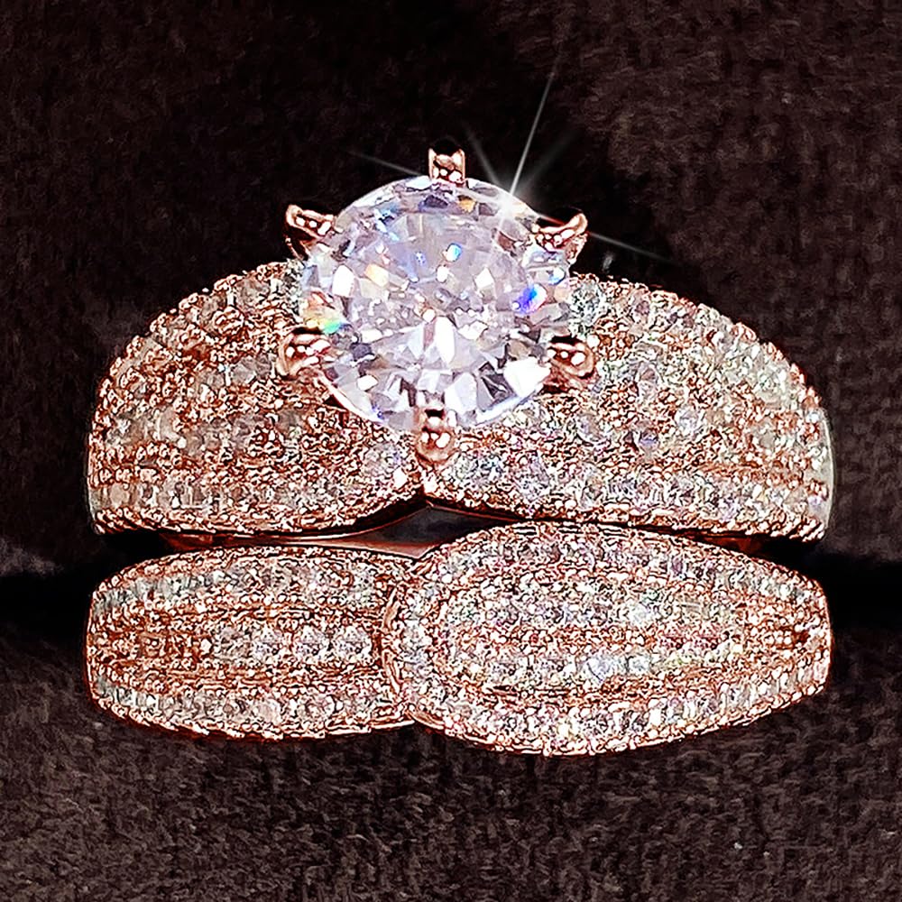 2 Pcs Luxury Cubic Zirconia Rings Set for Women Party Engagement Ceremony