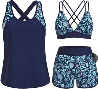 Women's 3 Piece Tankini Swimsuit Tummy Control with Bra Pocket Boy Shorts