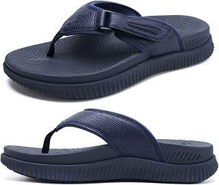 KuaiLu Men's Flip Flops Adjustable Walking Sandals Orthopedics Cushion Athletic Thick Sports Sliders for Men, Water Resistant & Lightweight, Soft Comfort & Arch Support