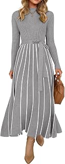 Zesica, Women's Autumn Turtleneck Long Sleeve Tie Belt Casual Comfortable Ribbed Knit Flared A-Line Calf Length Dress