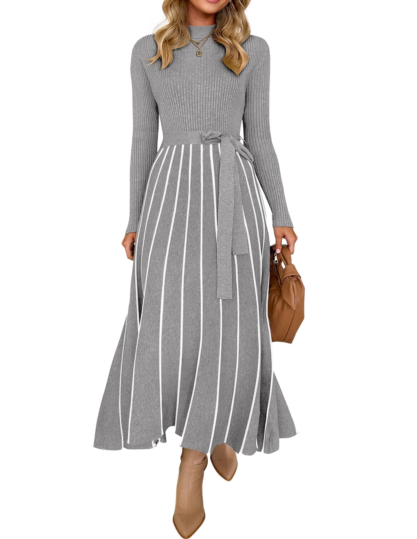 Zesica, Women's Autumn Turtleneck Long Sleeve Tie Belt Casual Comfortable Ribbed