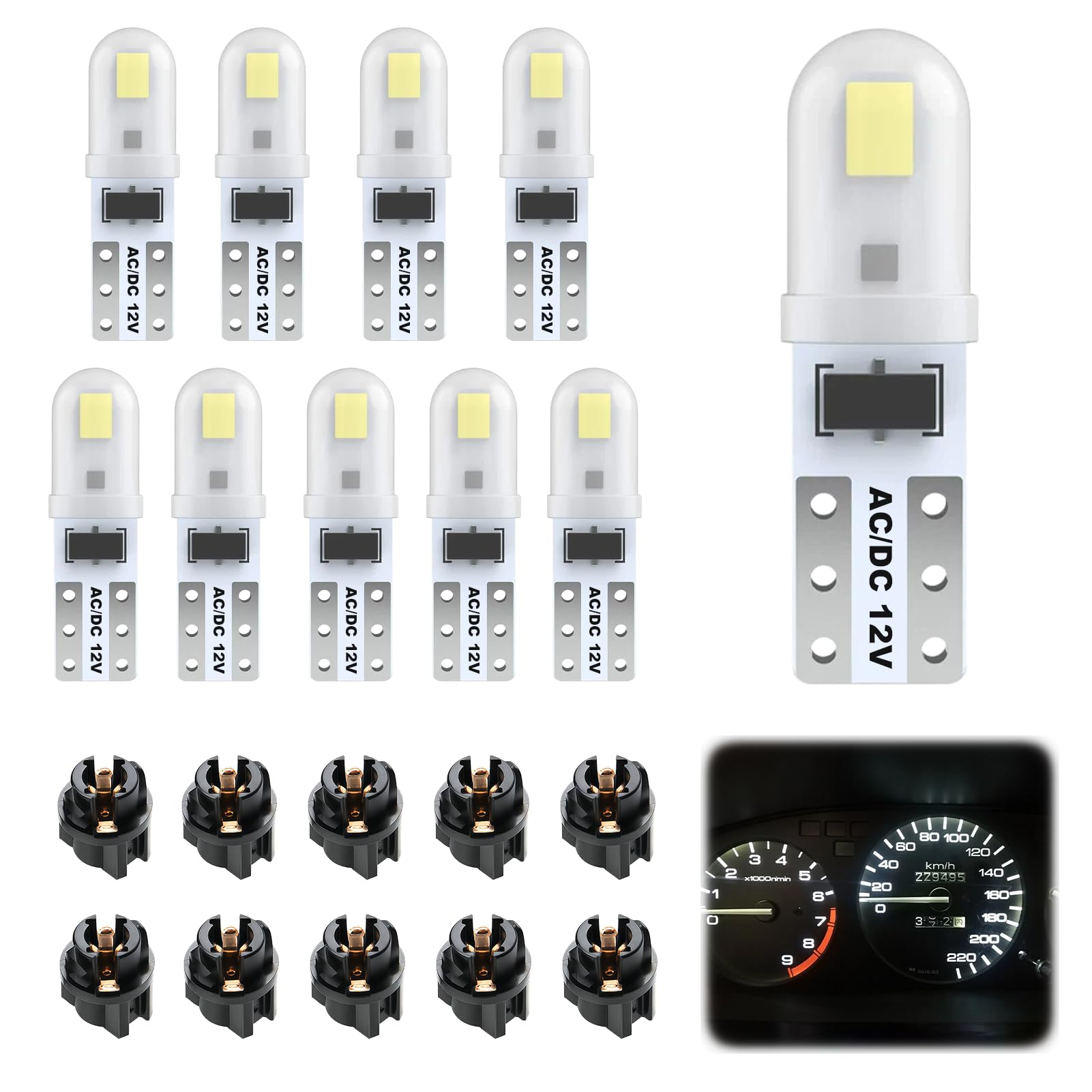 10 Pack T5 LED Bulbs with Twist Lock Socket DC 12V Dashboard Bulbs, White | Car 