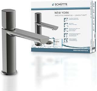 Schütte New York 33612 Basin Mixer Tap with Drain Plug, Mixer Tap with Pop Up Valve, Bathroom Faucet, Single Lever Mixer Tap for Bathroom, Graphite