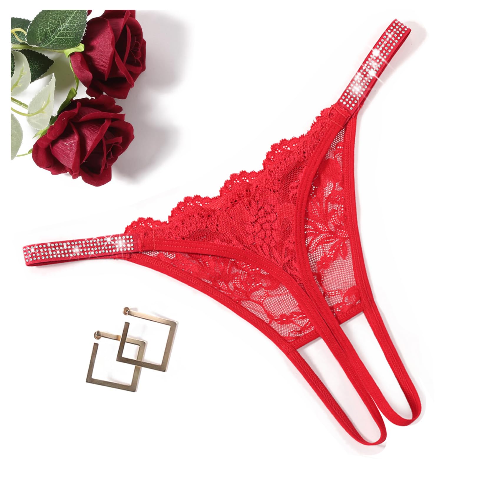 Avidlove セクシー Tバック 女性用 花柄 レース ブリーフ ラインストーン ストラップ ショーツ ホロー アウト Gストリング Tバック 下着 1-4