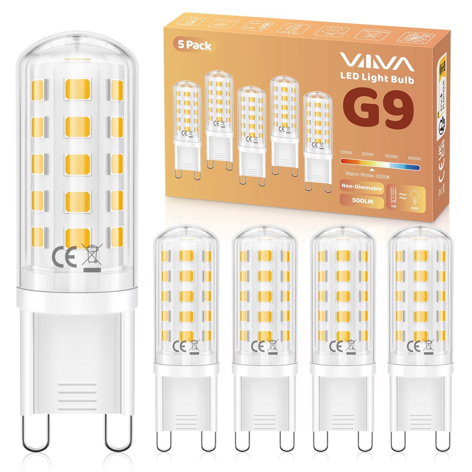 VIIIVA G9 LED Bulbs Warm White, 5W(45W Equivalent) 3000K, 500LM, Pack of 5 | No 