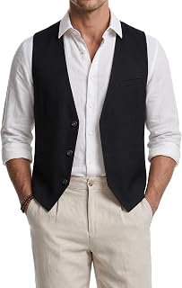 HISDERN Men's Linen Vest Suit Vest Summer Casual Business Party Wedding Vest Regular Fit