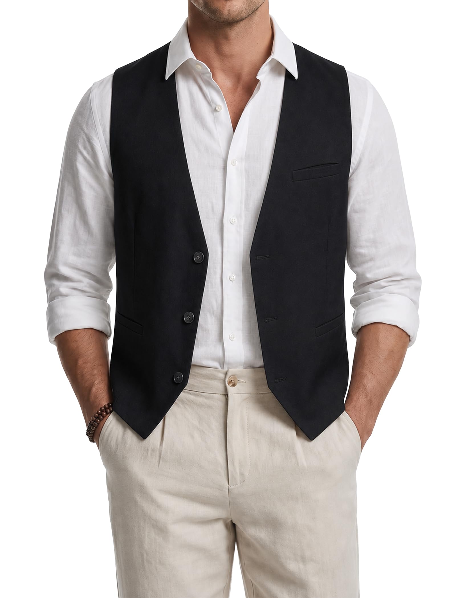 HISDERN Men's Linen Vest Suit Vest Summer Casual Business Party Wedding Vest Reg