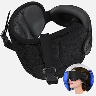 SARISUN Travel Pillows for Airplanes, Stable Head Support, Travel Essential | Airplane Pillow with Seat Strap, 3D Eye Mask, Attach to Seat Headrest, 360° Headrest for Long Flight, Stop Bobblehead, Black