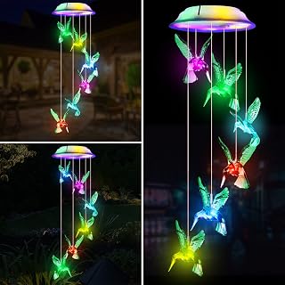 Fohil Solar Hummingbird Wind Chime, Color Changing Solar Lights Outdoors | 6 Hummingbird LEDs, 6 LEDs in Lighted Cover, Light Up Automatically, IP55 Waterproof, Indoor or Outdoor Hanging, Unique Gifts