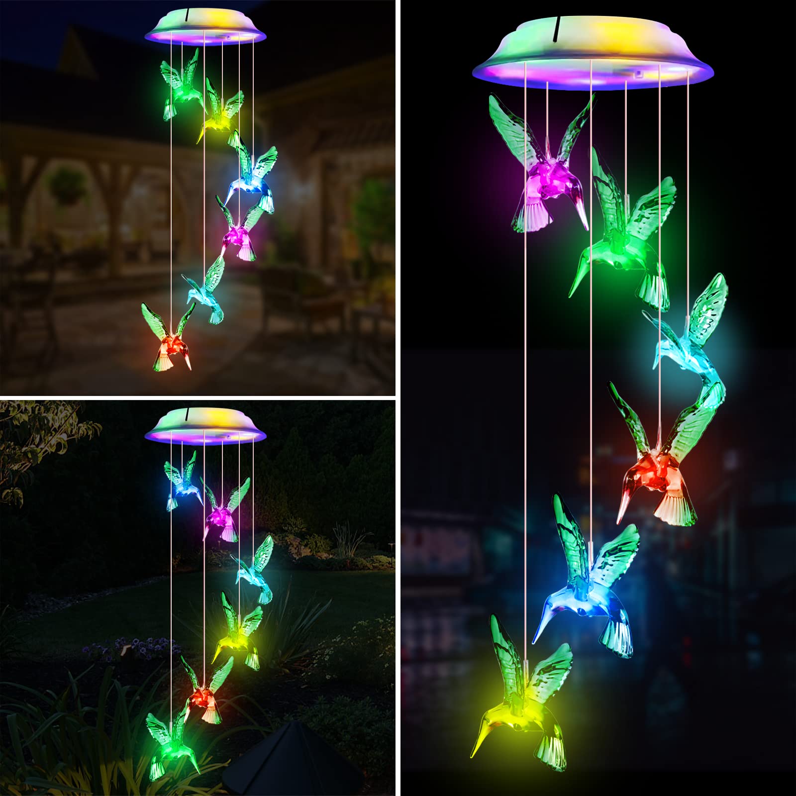 Fohil Solar Hummingbird Wind Chime, Color Changing Solar Lights Outdoors | 6 Hum