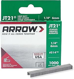 Arrow 214 JT21 Thin Wire Staples for Staple Guns and Staplers, Use for Upholstery, Crafts, General Repairs, 1/4-Inch Leg Length, 7/16-Inch Crown Width, 1000-Pack, Grey