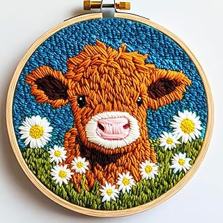 DIY Punch Needle Kits Highland Cow with Daisy Flower with Hoop 20x20cm-1 | with Pattern Stamped Easy for Beginners Embroidery Punch Needle Starter Craft Set for Adults Festival Gift and Decoration