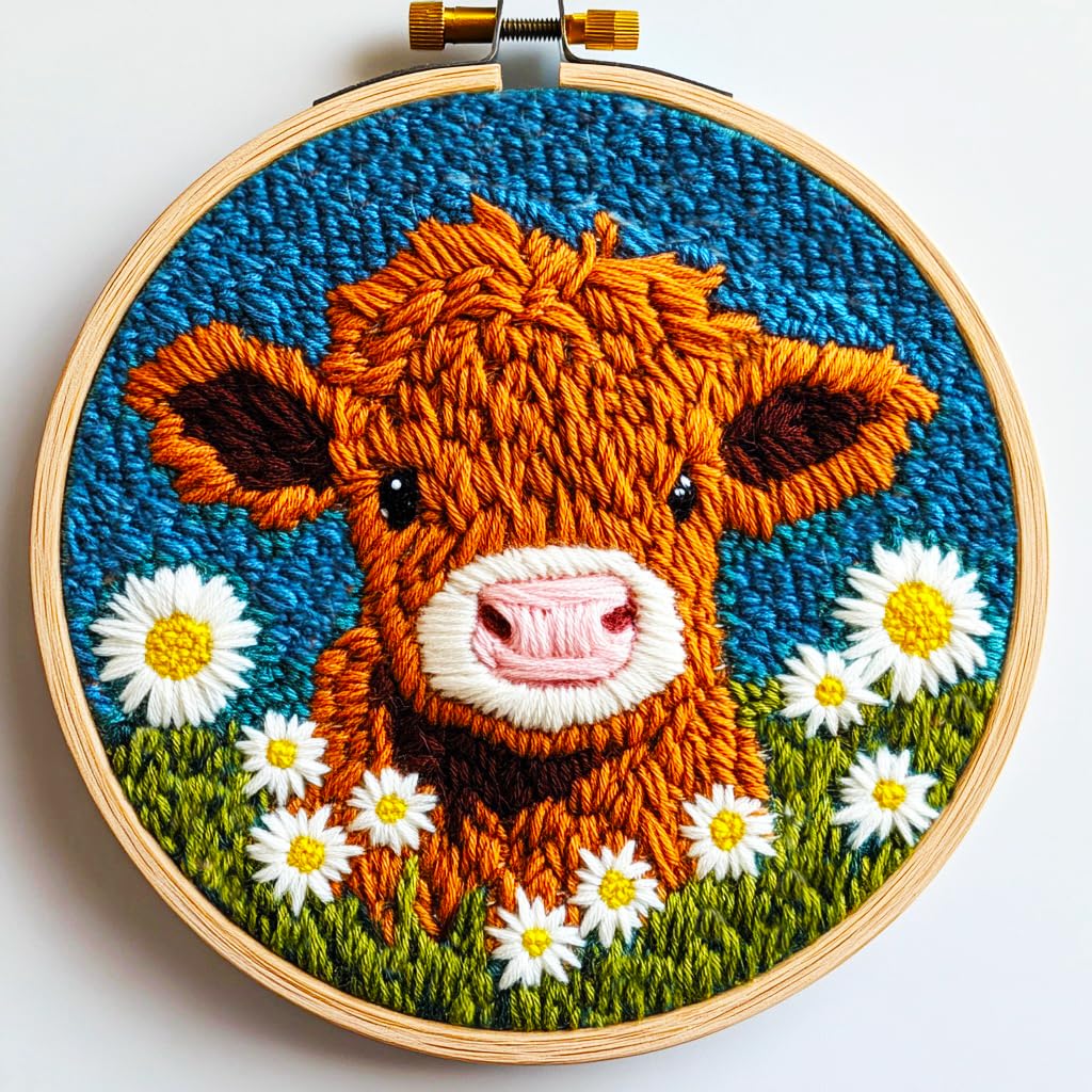 DIY Punch Needle Kits Highland Cow with Daisy Flower with Hoop 20x20cm-1 | with 