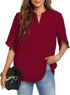 Funlingo Women's Summer Tops Short Sleeve / Long Sleeve Casual Shirts V Neck Chiffon Dressy Blouse Tops
