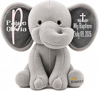 Personalized Elephant Stuffed Animal - Baptism Gifts for Girls, Boys, Babies, Kids, Custom Keepsake Catholic Christian Christening Gift for Goddaughter, Godson from Godparents, Gray 9 Inches