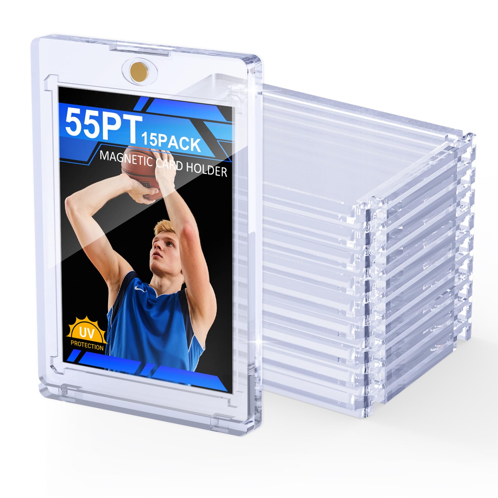SAMYUCHO 55PT Magnetic Card Holder, 15 Packs Thick One Touch Card Holders | Thic