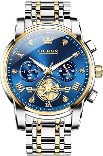 OLEVS Men Watches Stainless Steel Chronograph Watch, Large Wrist Analog Quartz Watch, Fashion Waterproof Diamond Roman Numerals Dress Watches for Men, Gold/Black/White/Blue/Grey Dial