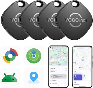 VOCOlinc Air Tracker Smart Tags for Android & iOS 4 Pack, Removable Battery | New Dual System Bluetooth Tracker Works with Google Find Hub or Apple Find My App, Key Finder, Backpack, Suitcases