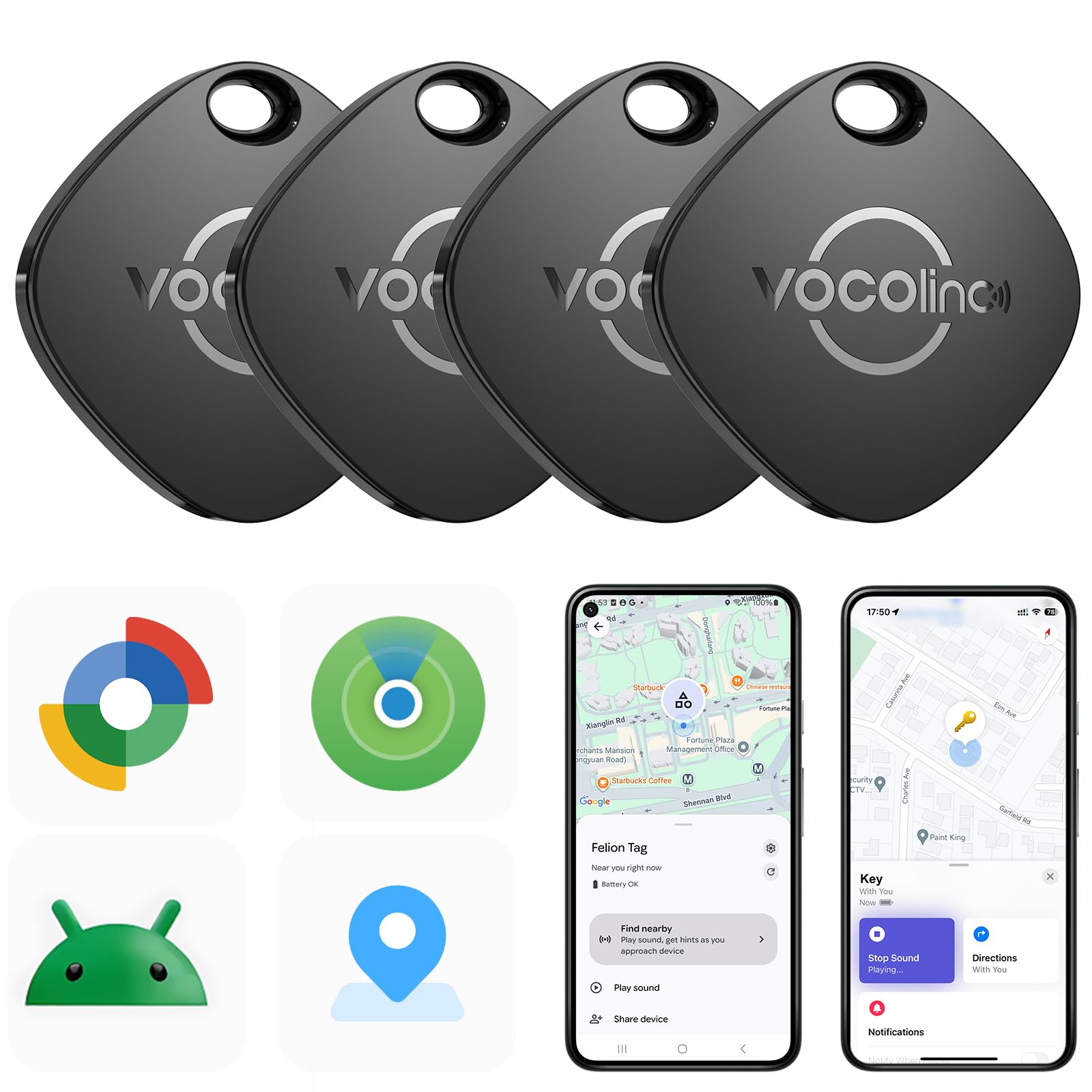 VOCOlinc Air Tracker Smart Tags for Android & iOS 4 Pack, Removable Battery | Ne