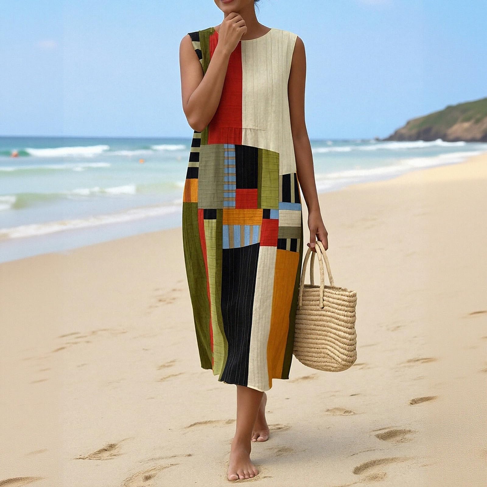 Women's Multicolor Patchwork Print Sleeveless Round Neck Maxi Dress