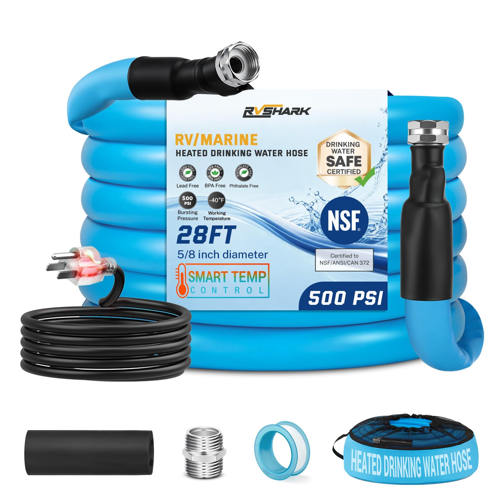 Heated Water Hose for RV, 28FT, -40℉ Freeze Protection-Light Blue