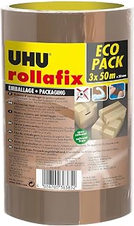 UHU Rollafix - Brown Packaging Tapes, Pack of 3, 164 ft x 50 mm | Brown Packing Tape for Box, Cardboard, Package - Hand Tear - Solvent Free - Pack of 3 Ribbons 164 ft x 50 mm
