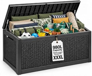 Alfresia 980L Garden Storage Box – Large Rattan Effect Outdoor Cushion Storage Box with Easy Lift Lid