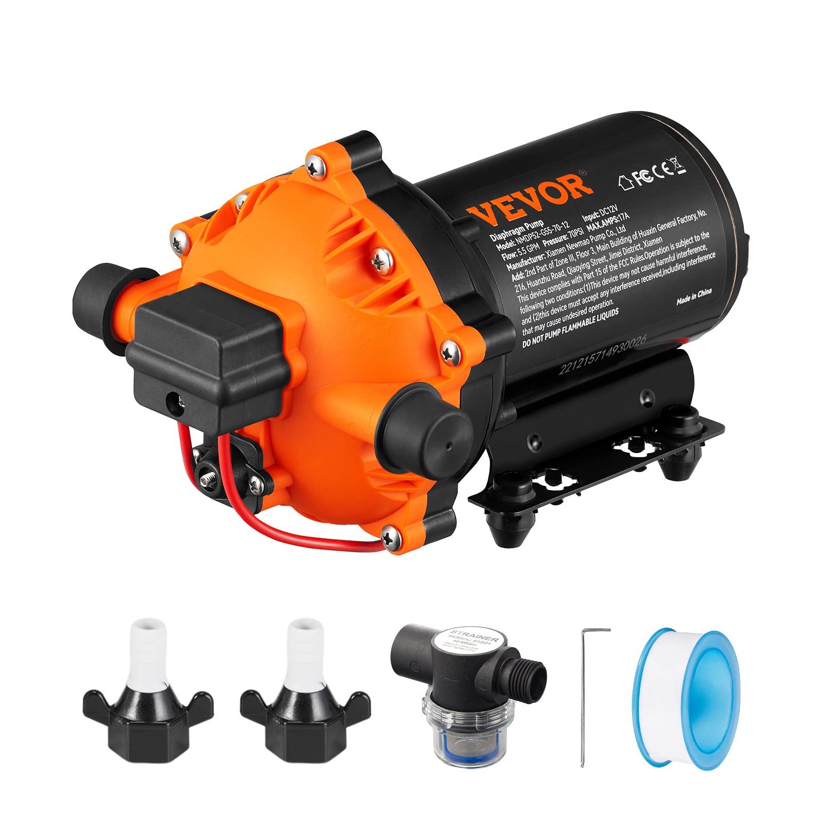 VEVOR Water Diaphragm Pump 12V DC 5.5 GPM Flow 70 PSI Rated Pressure | for RV Ca