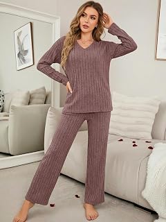 Women's Pyjama Set, 2 Piece Long Sleeve V-Neck Top and Bottoms Set Soft Ribbed Pajamas for Autumn Winter