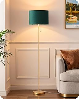 EDISHINE Modern Floor Lamp, Vintage Green Velvet Lampshade, E27 Socket | 57'' Tall Standing Lamp with Pull Chain Switch, for Living Room, Bedrooom, Brushed Gold Pole, 2700K LED Bulb Included