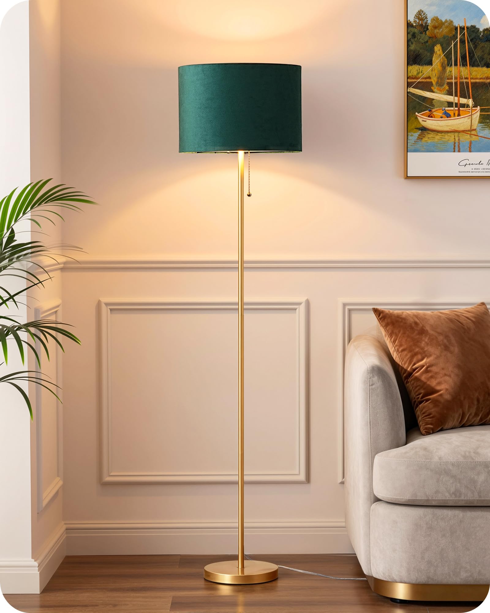 EDISHINE Modern Floor Lamp, Vintage Green Velvet Lampshade, E27 Socket | 57'' Ta