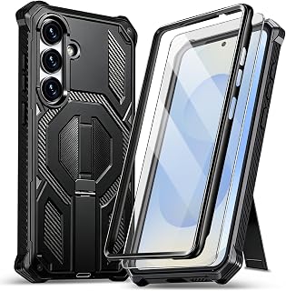 Full-Body Bumper Protective Case for Samsung Galaxy S25 Plus 5G Case [with 2 Screen Protector] Hidden Adjustable Metal Kickstand, Heavy-Duty Shockproof Rugged Magnetic Cover (Black, Samsung S25 Plus)