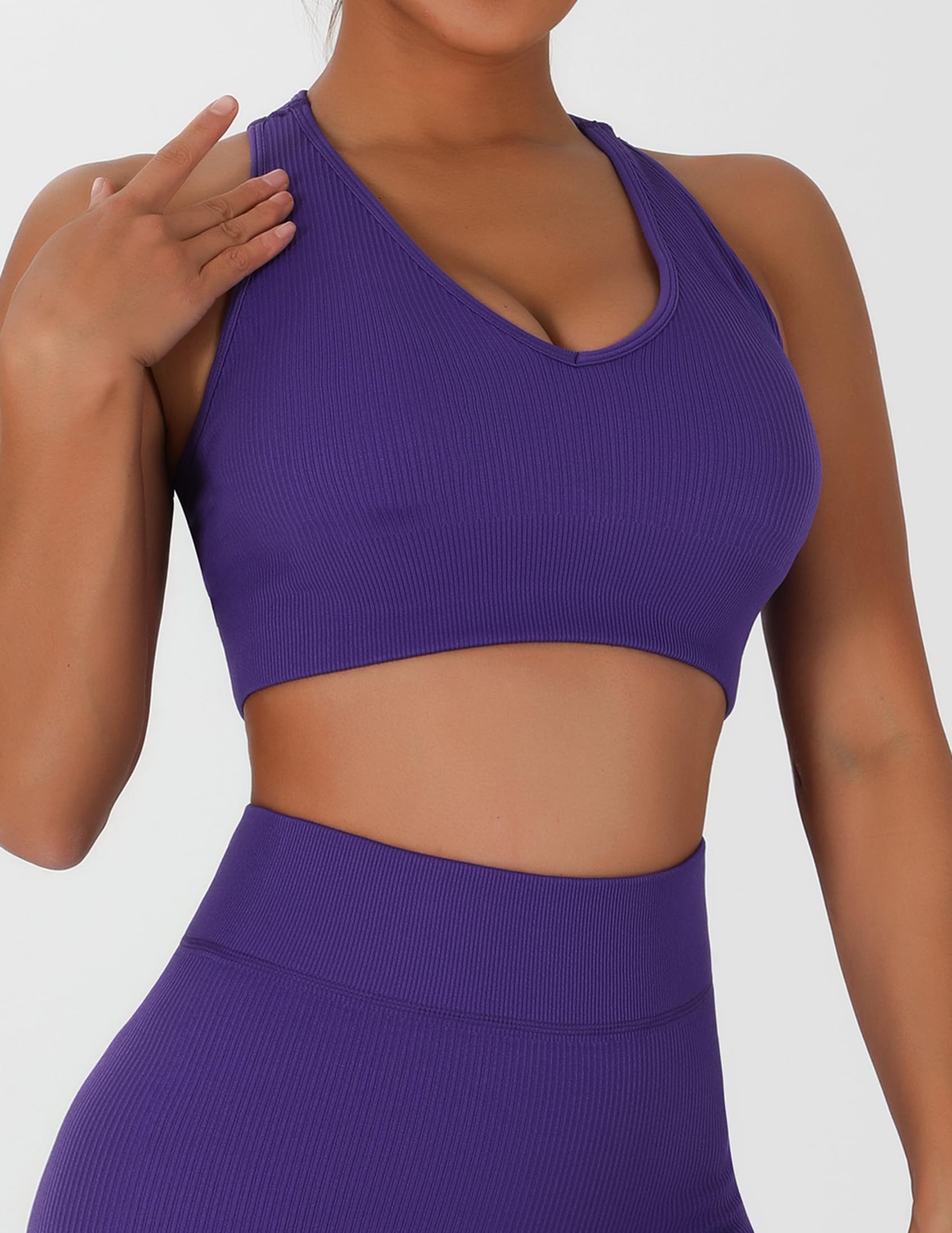 Women's Ribbed Sports Bra Racerback Seamless Workout Top Mid-Support Athletic Br