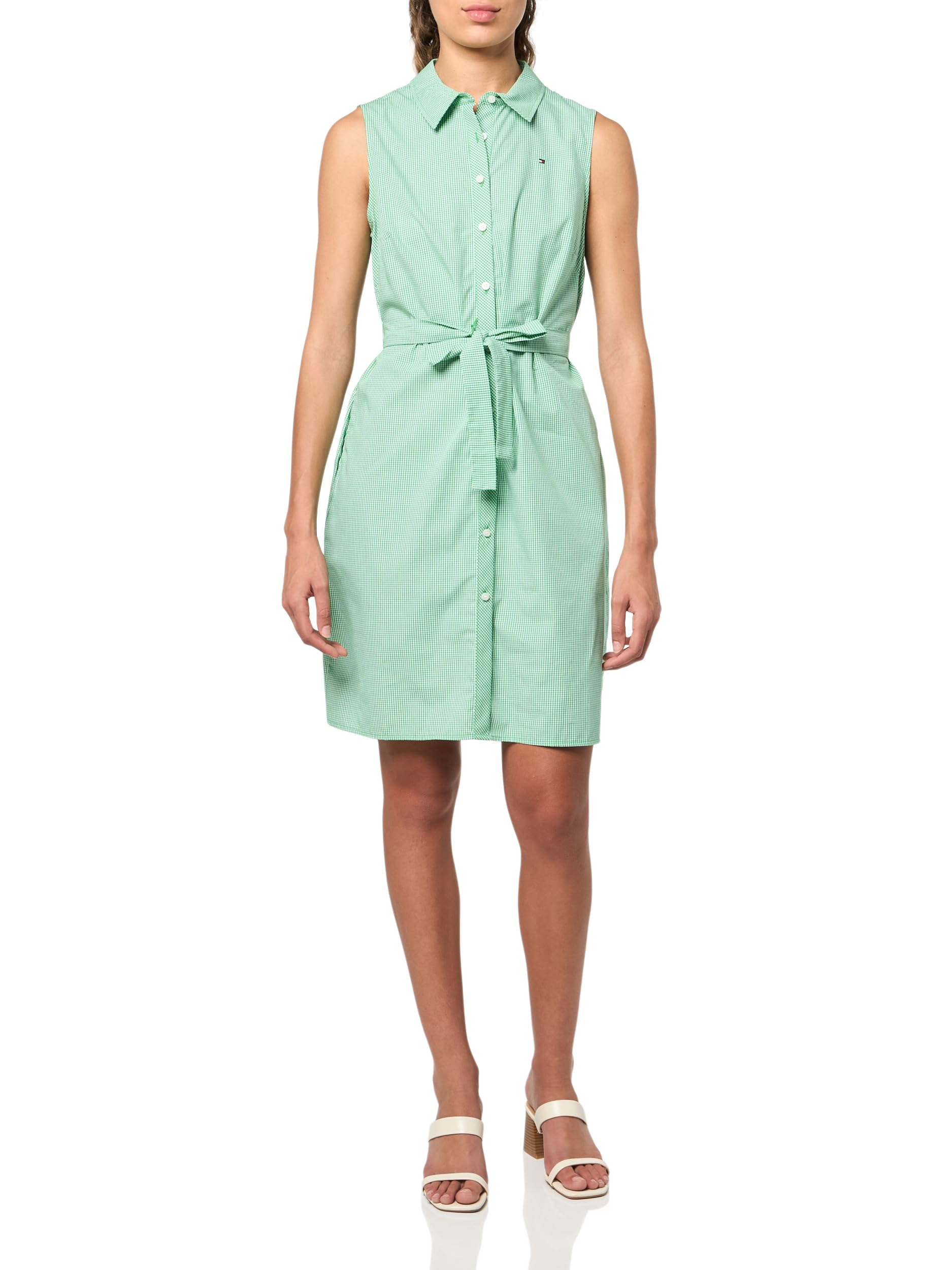 Tommy Hilfiger Women's Sleeveless Collared Button Front Tie Waist Mini Shirt Dre