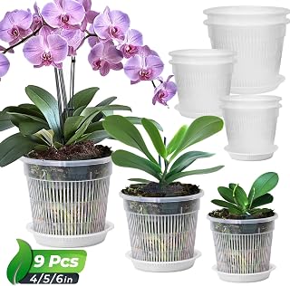 T4U 11/14/16cm Clear Orchid Pots with Drainage Holes for Repotting, 9 Pack | Plastic Flower Pot with slotted Holes & Saucer, House Plant Pots Indoor, Orchid Planter for Phalaenopsis, Visible Root Health